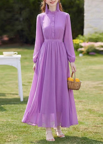 French Purple Ruffled Patchwork Chiffon Dress Long Sleeve