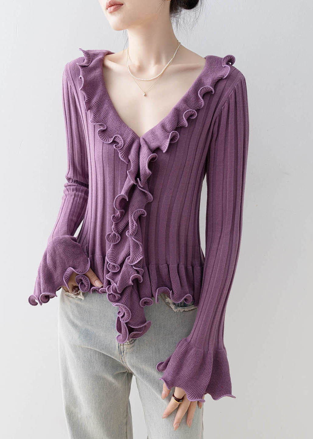 French Purple Ruffled Patchwork Knit Top Flare Sleeve