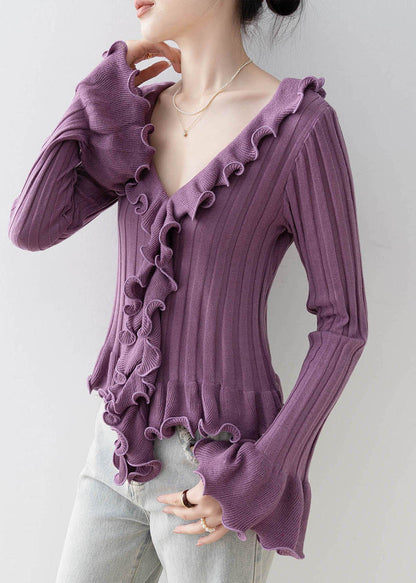 French Purple Ruffled Patchwork Knit Top Flare Sleeve