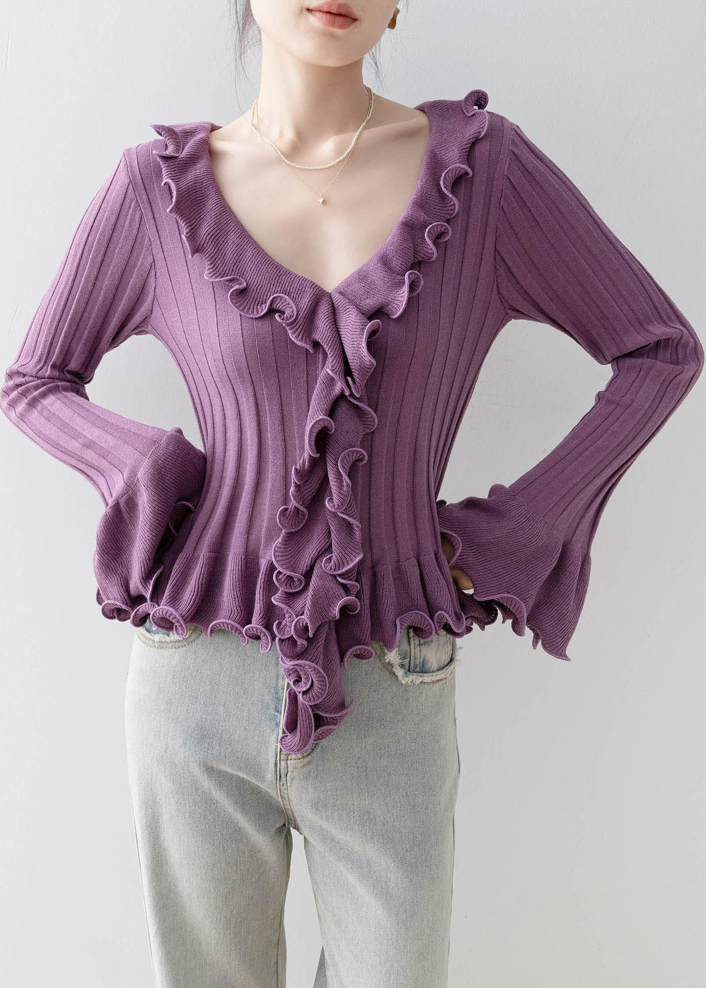 French Purple Ruffled Patchwork Knit Top Flare Sleeve