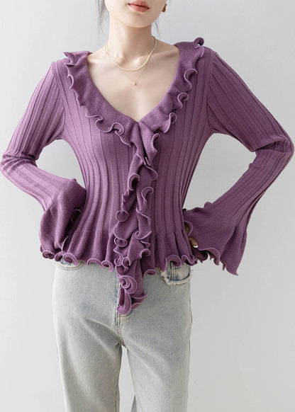 French Purple Ruffled Patchwork Knit Top Flare Sleeve