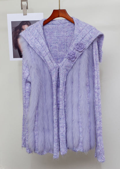 French Purple Sailor Collar Fox Fur Patchwork Knit Sweaters Winter