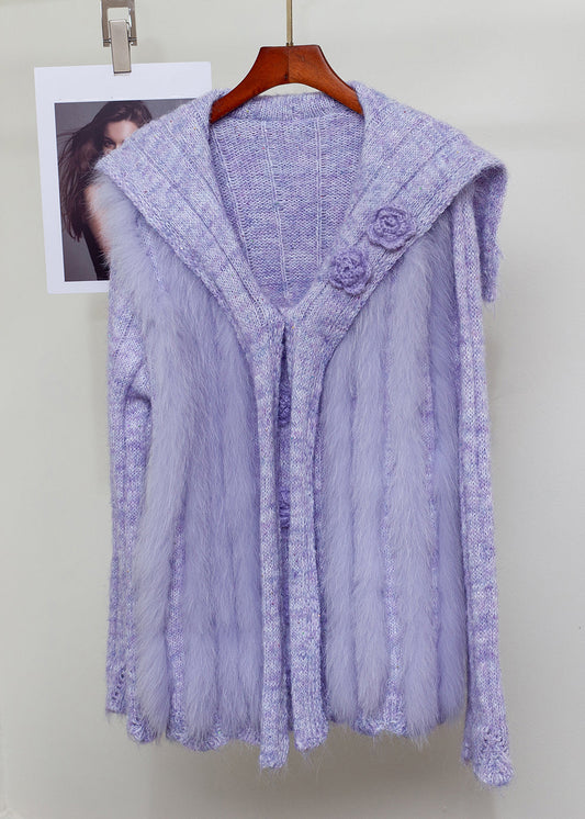 French Purple Sailor Collar Fox Fur Patchwork Knit Sweaters Winter
