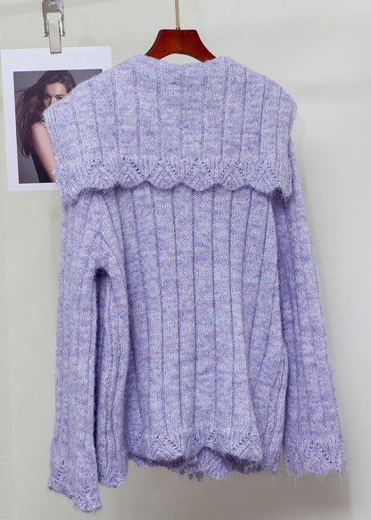 French Purple Sailor Collar Fox Fur Patchwork Knit Sweaters Winter