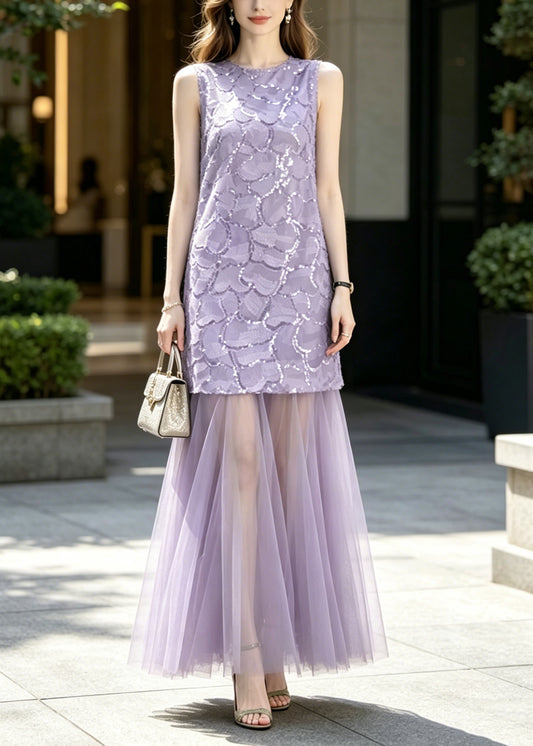 French Purple Sequins Patchwork Tulle Party Dress Sleeveless
