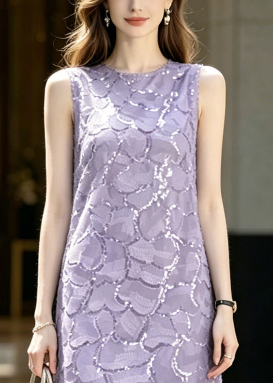 French Purple Sequins Patchwork Tulle Party Dress Sleeveless
