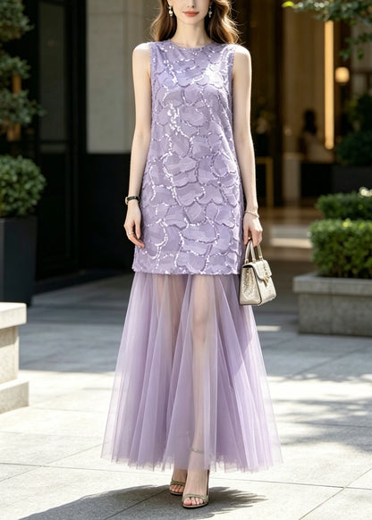 French Purple Sequins Patchwork Tulle Party Dress Sleeveless