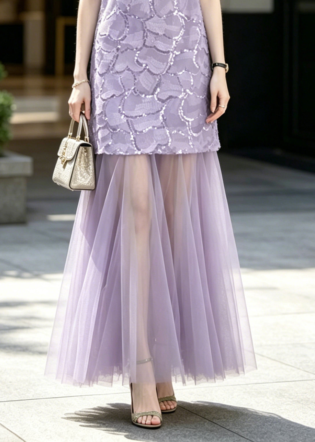 French Purple Sequins Patchwork Tulle Party Dress Sleeveless