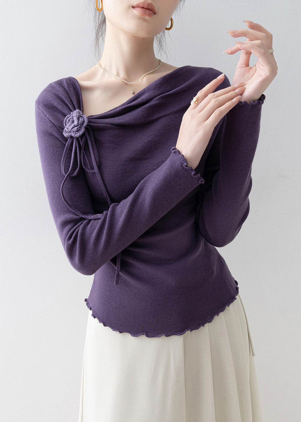 French Purple Slash Neck Ruffled Floral Knit Top Spring
