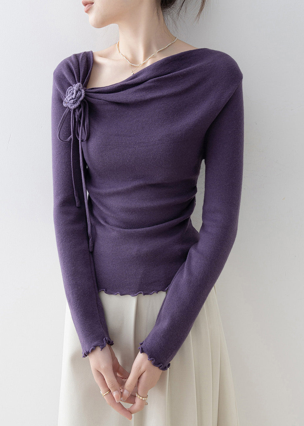 French Purple Slash Neck Ruffled Floral Knit Top Spring