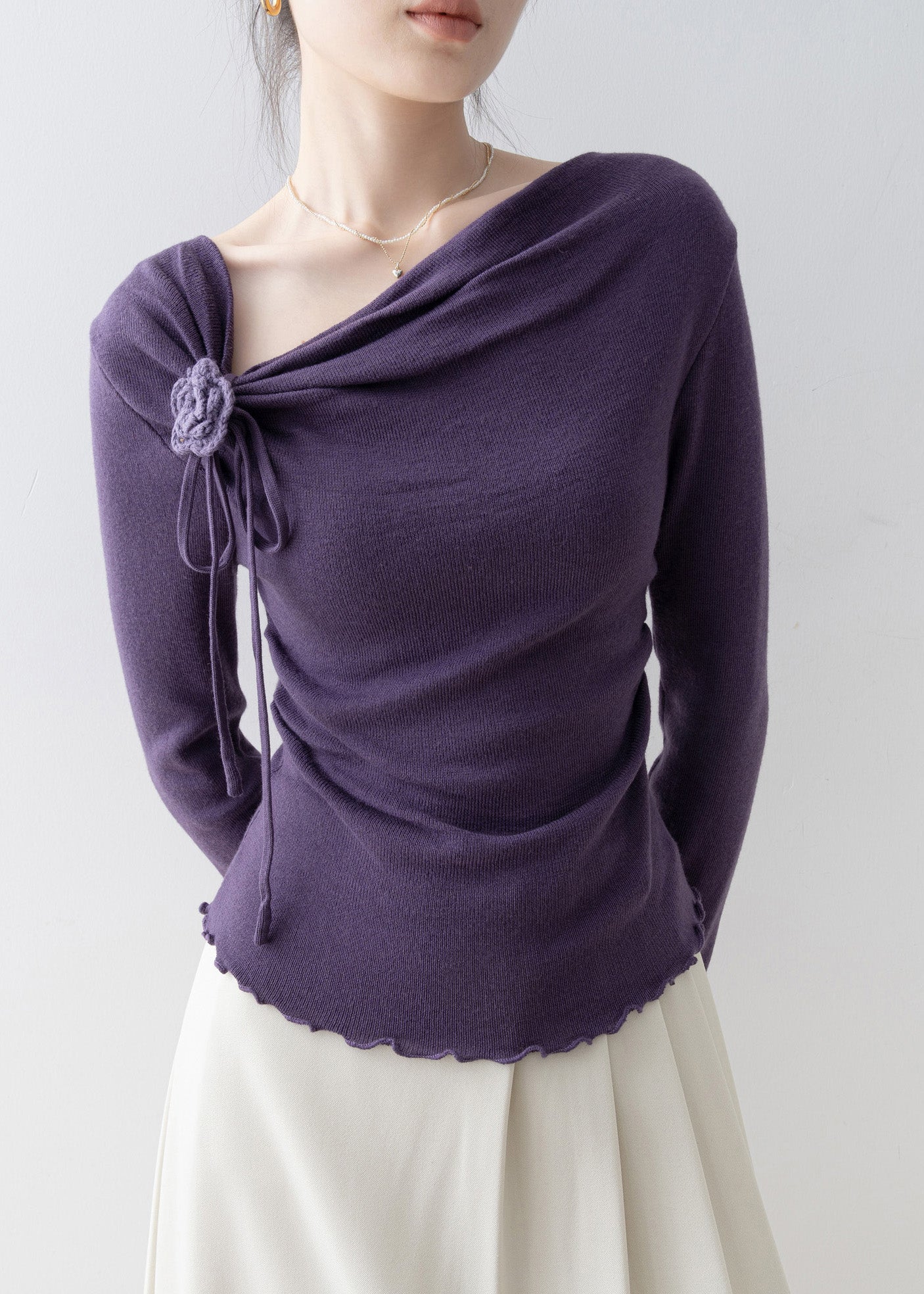 French Purple Slash Neck Ruffled Floral Knit Top Spring