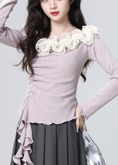 French Purple Slash Neck Ruffled Patchwork Cotton Top Spring