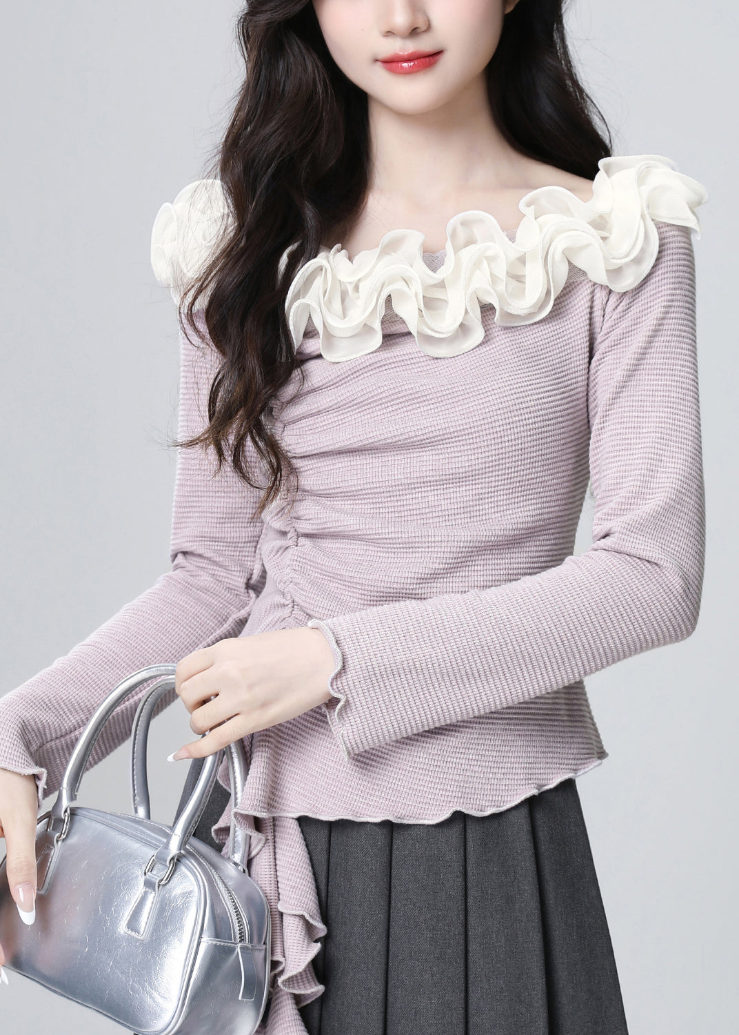 French Purple Slash Neck Ruffled Patchwork Cotton Top Spring