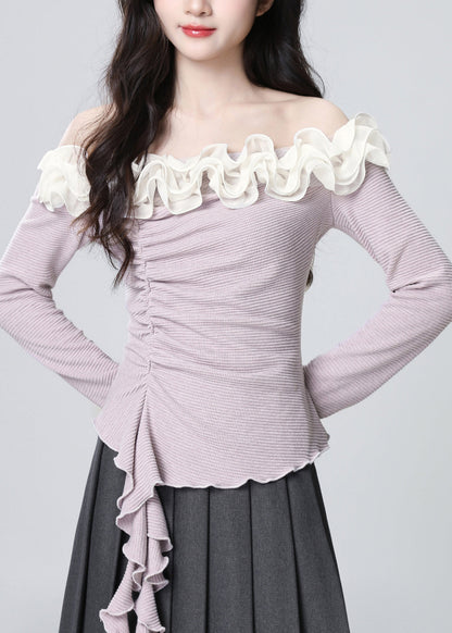 French Purple Slash Neck Ruffled Patchwork Cotton Top Spring