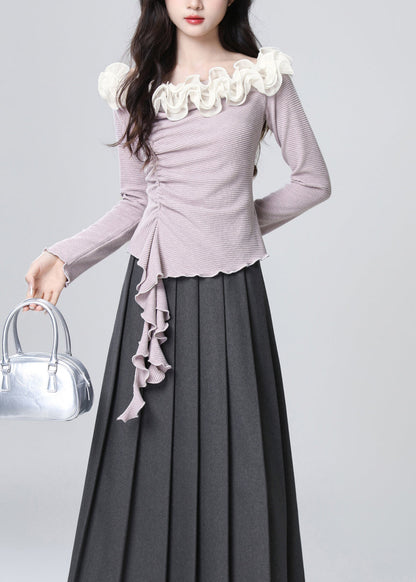 French Purple Slash Neck Ruffled Patchwork Cotton Top Spring