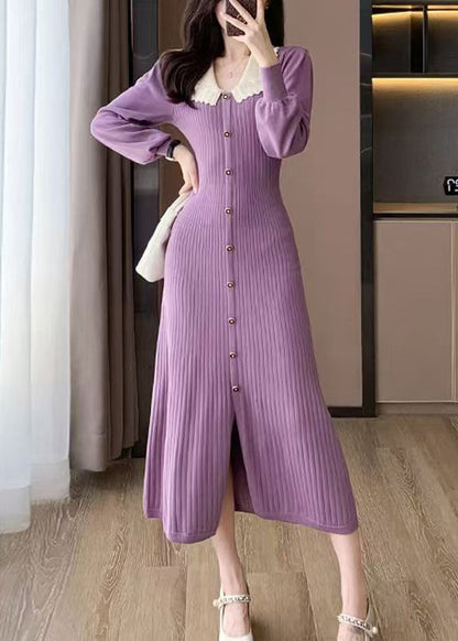 French Purple Slim Fit Knitted Dress Winter