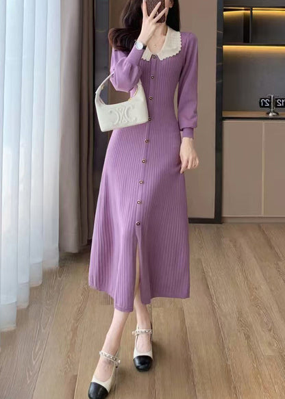 French Purple Slim Fit Knitted Dress Winter