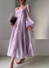 Load image into Gallery viewer, French Purple Square Collar Patchwork Chiffon Dress Lantern Sleeve