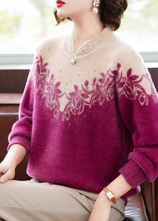 French Purple Stand Collar Warm Fleece Thick Mink Hair Knit Sweaters Winter