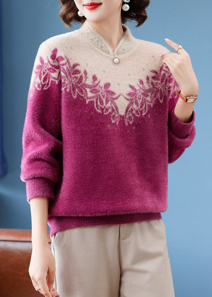 French Purple Stand Collar Warm Fleece Thick Mink Hair Knit Sweaters Winter