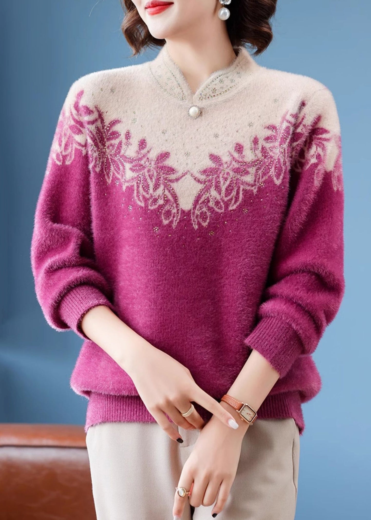 French Purple Stand Collar Warm Fleece Thick Mink Hair Knit Sweaters Winter