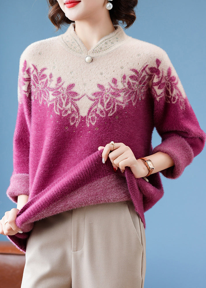 French Purple Stand Collar Warm Fleece Thick Mink Hair Knit Sweaters Winter