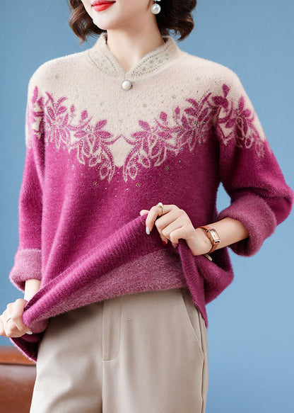 French Purple Stand Collar Warm Fleece Thick Mink Hair Knit Sweaters Winter