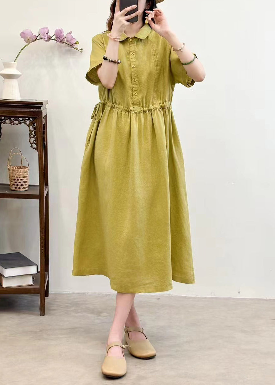 French Purple Tie Waist Button Linen Long Dresses Summer