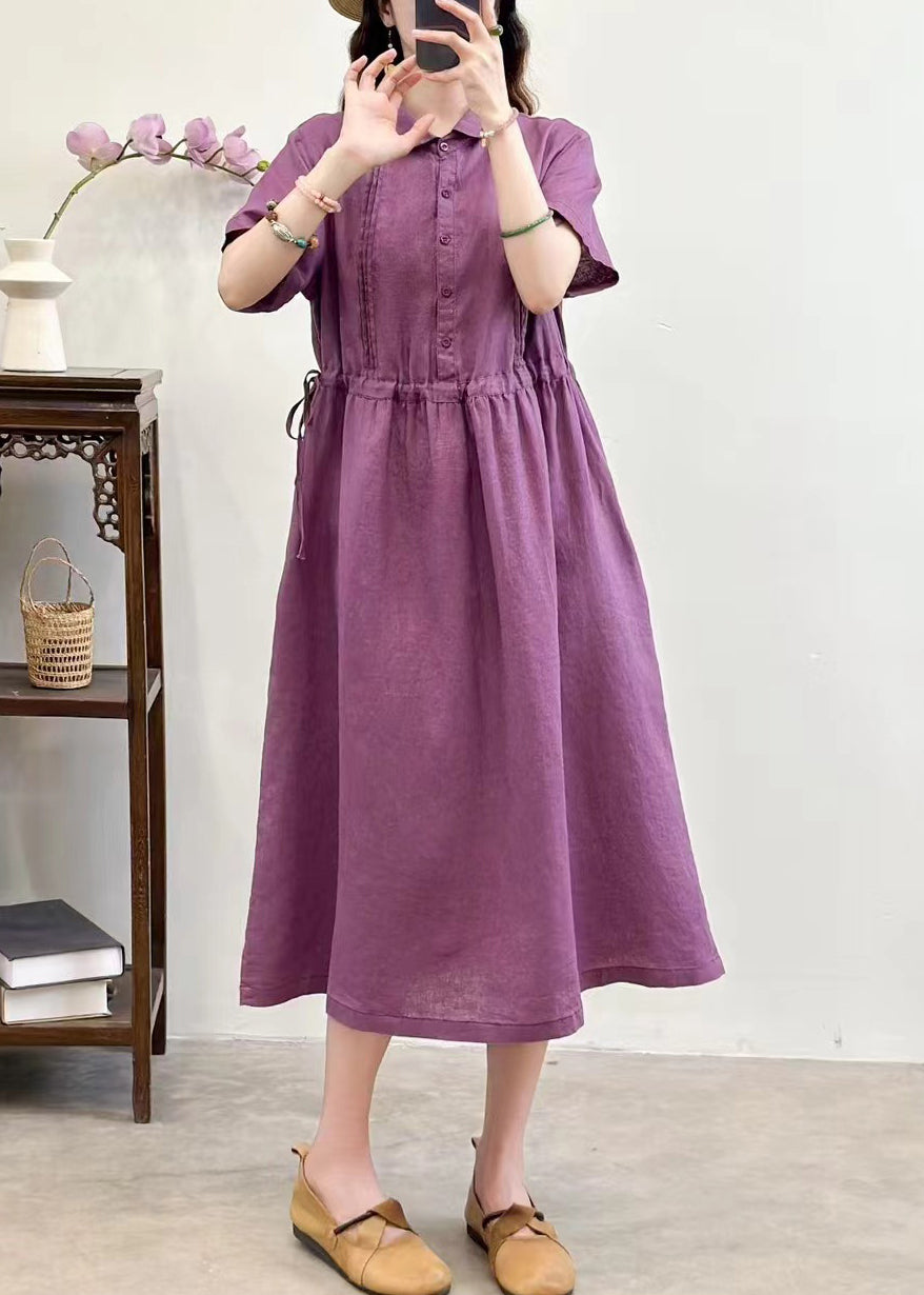 French Purple Tie Waist Button Linen Long Dresses Summer