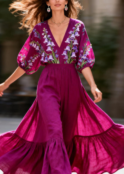 French Purple V Neck Print Patchwork Cotton Two Pieces Set Summer