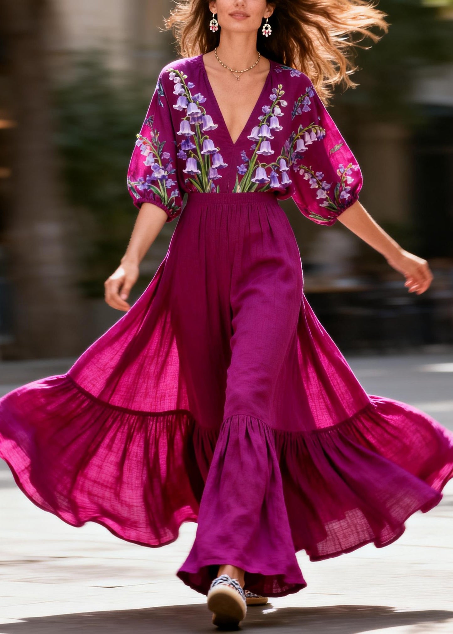 French Purple V Neck Print Patchwork Cotton Two Pieces Set Summer