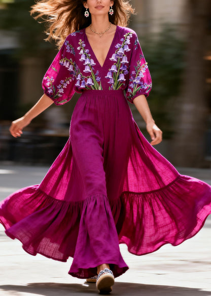 French Purple V Neck Print Patchwork Cotton Two Pieces Set Summer