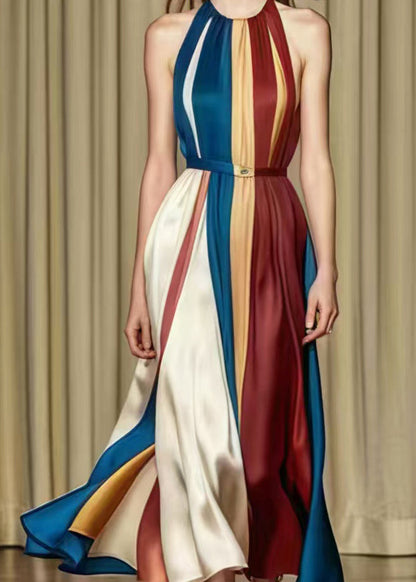 French Rainbow Cold Shoulder Patchwork Silk Vestidos Dresses Summer