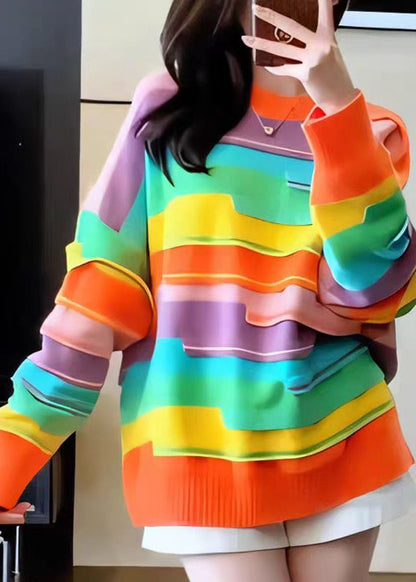French Rainbow O Neck Striped Knit Sweater Tops Fall