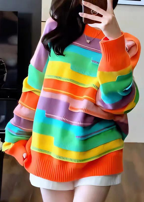 French Rainbow O Neck Striped Knit Sweater Tops Fall