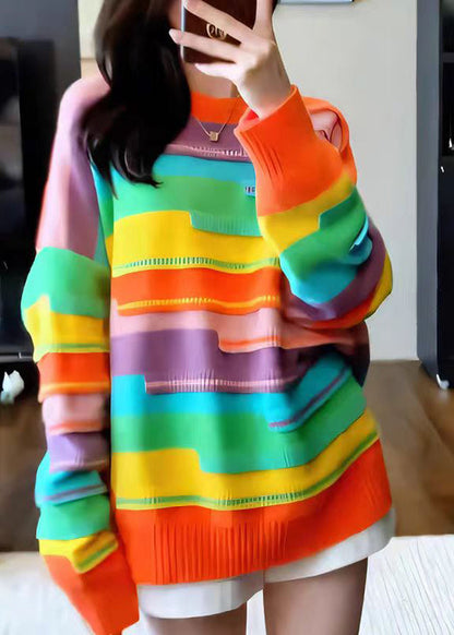 French Rainbow O Neck Striped Knit Sweater Tops Fall