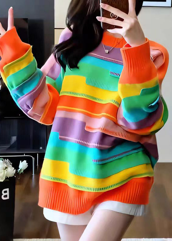 French Rainbow O Neck Striped Knit Sweater Tops Fall