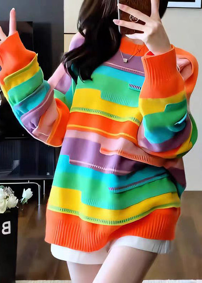 French Rainbow O Neck Striped Knit Sweater Tops Fall