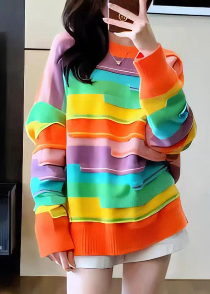 French Rainbow O Neck Striped Knit Sweater Tops Fall