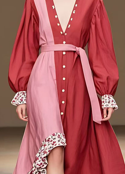 French Red Button Tie Waist Patchwork Cotton Long Dress Fall
