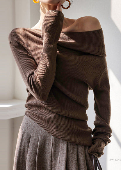 French Red Cold Shoulder Silm Fit Knit Tops Spring