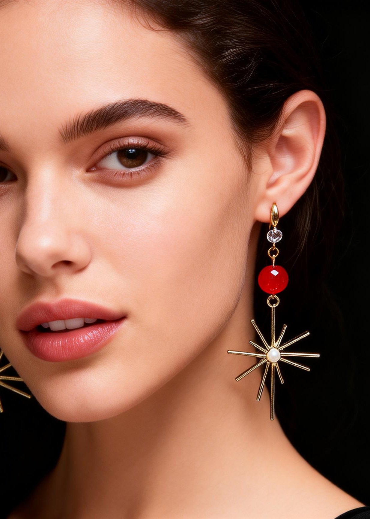 French Red Crystal Fireworks Shape Drop Earrings