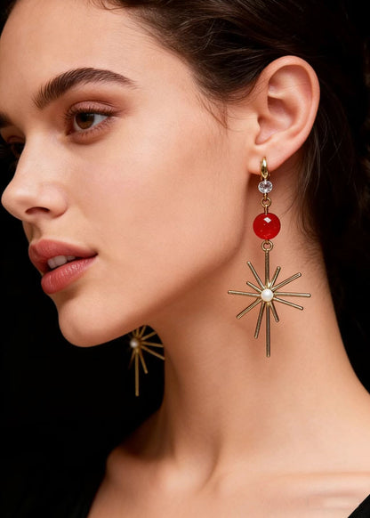 French Red Crystal Fireworks Shape Drop Earrings