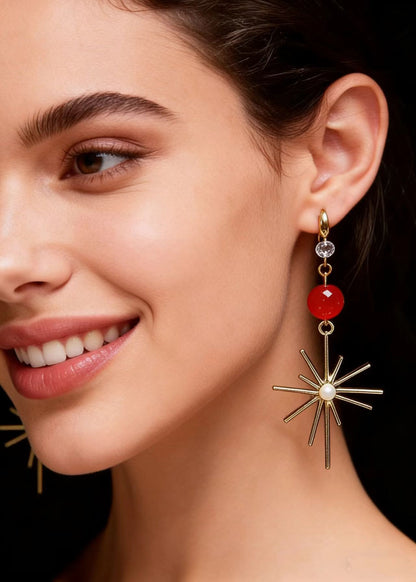 French Red Crystal Fireworks Shape Drop Earrings