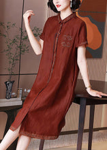 Load image into Gallery viewer, French Red Embroidered Button Pockets Silk Long Dress Summer