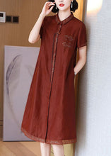 Load image into Gallery viewer, French Red Embroidered Button Pockets Silk Long Dress Summer