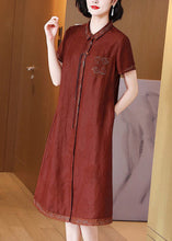 Load image into Gallery viewer, French Red Embroidered Button Pockets Silk Long Dress Summer