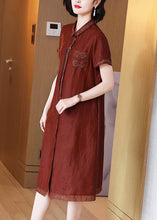 Load image into Gallery viewer, French Red Embroidered Button Pockets Silk Long Dress Summer