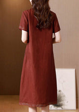 Load image into Gallery viewer, French Red Embroidered Button Pockets Silk Long Dress Summer