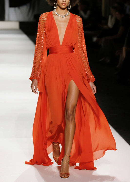 French Red Exra Large Hem Side Open Patchwork Mesh Chiffon Party Dresses Summer